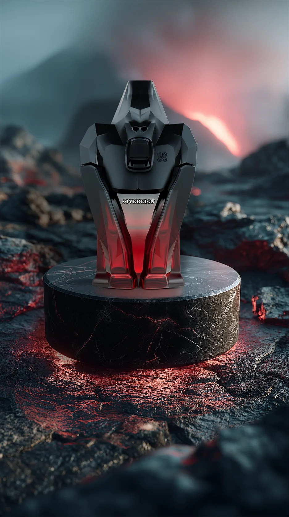 Insurrection men’s cologne bottle shaped like a gorilla and colored in a black and red gradient set against a volcanic backdrop on black rocks with red lava