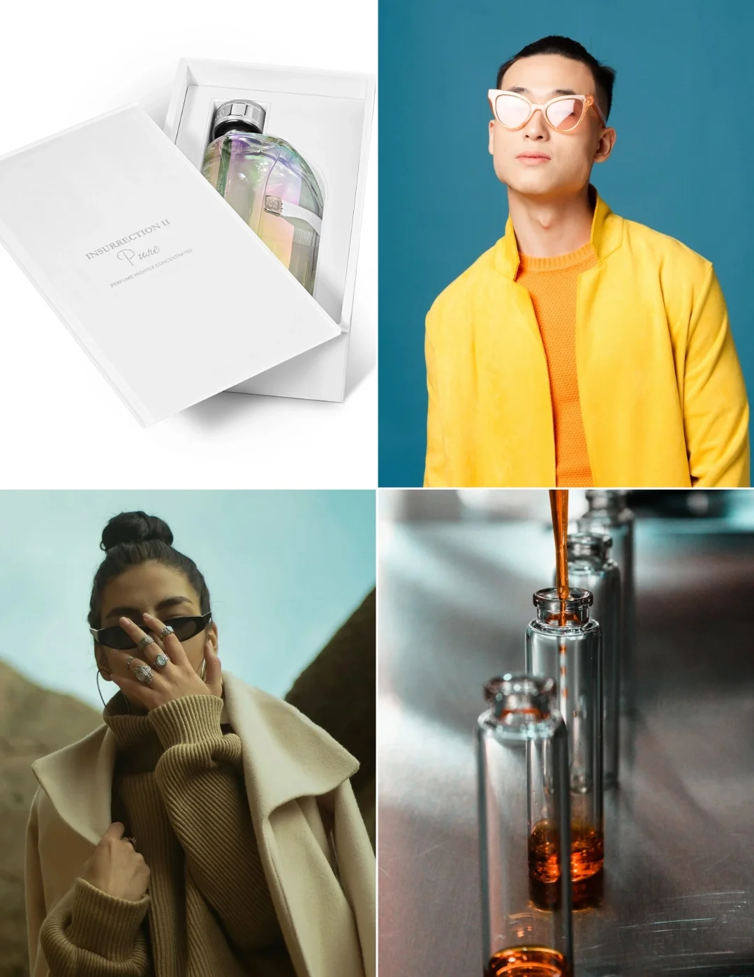 A collage of four images: a box of perfume, a fashionable man in a yellow jacket and sunglasses, a woman with rings and sunglasses outdoors, and a close-up of a fragrance being poured into small bottles.