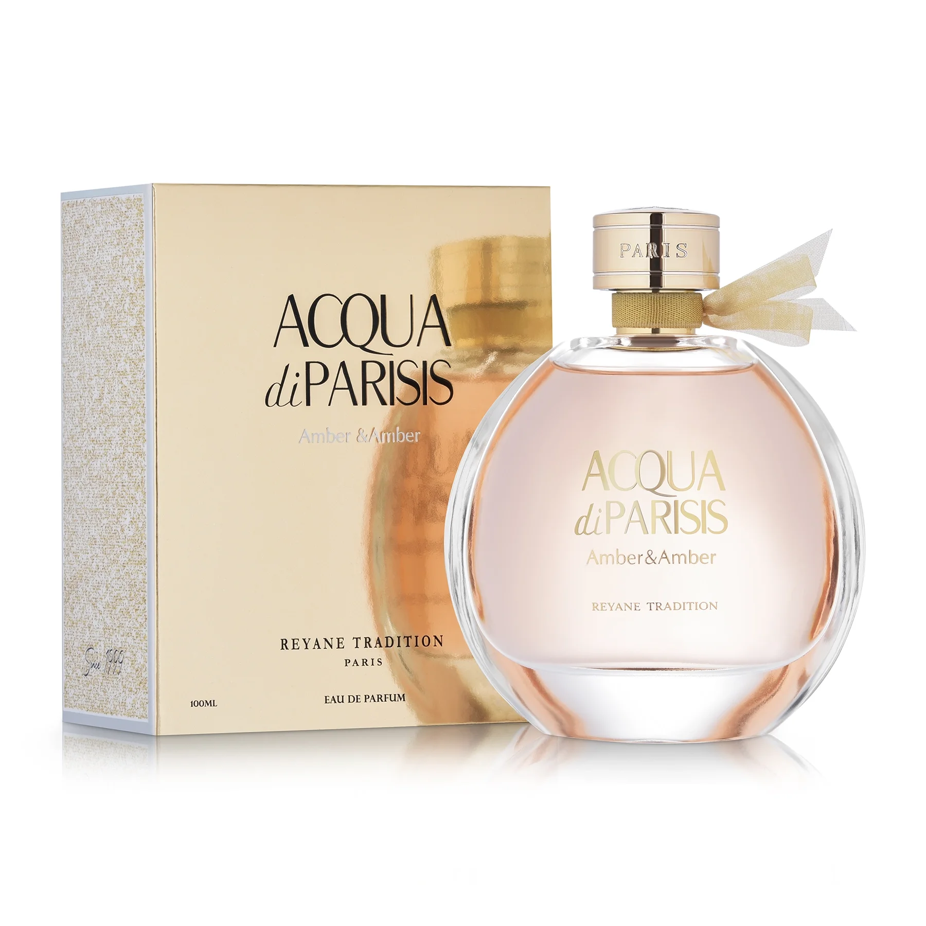 Acqua Di Parisis pink perfume bottle front view with rose gold box