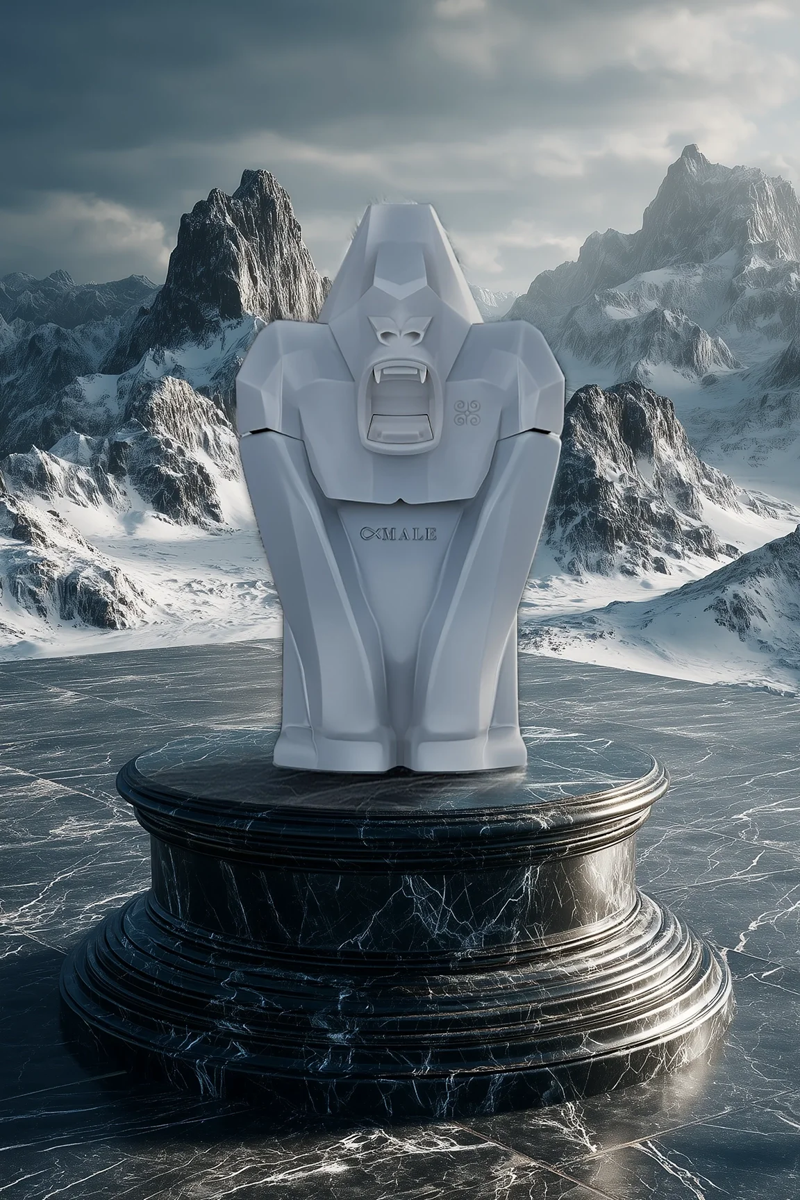 A gorilla-shaped fragrance bottle with an open mouth, standing on a round black marble pedestal outdoors in a snowy mountainous landscape.