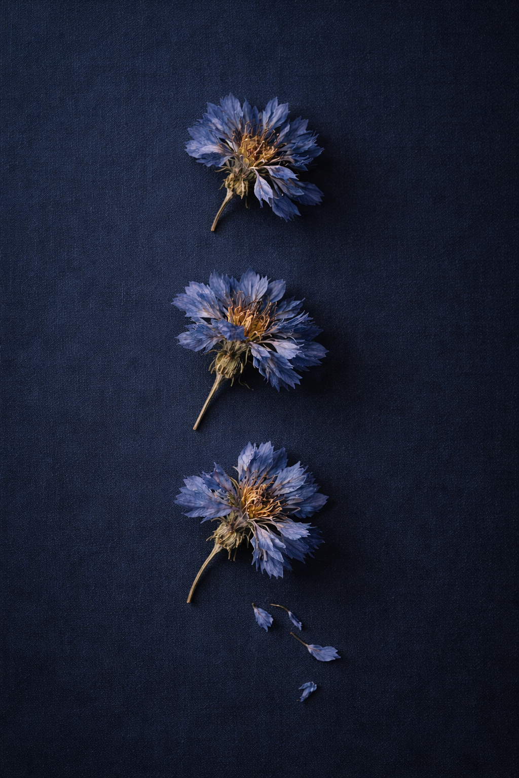 Three blue flowers with petals and a few fallen petals on a dark textured surface.