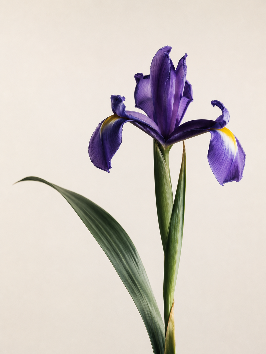 A close-up of a purple iris flower with ruffled petals and a green leaf against a plain background.