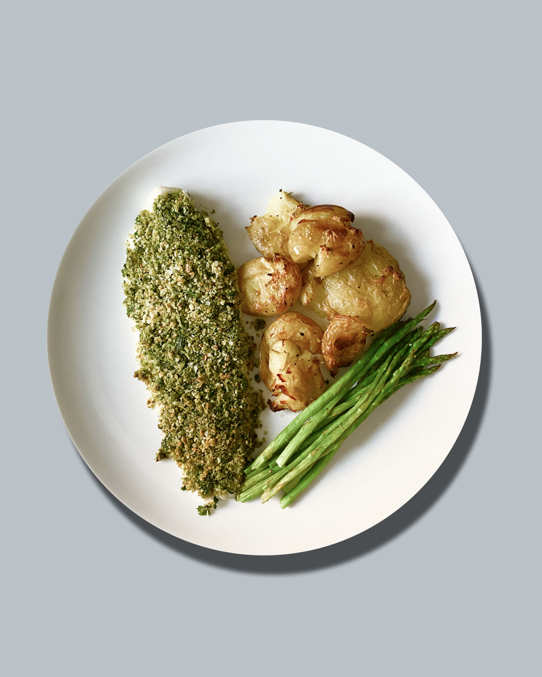 Pistachio Basa with Asparagus &amp; Smashed Potatoes