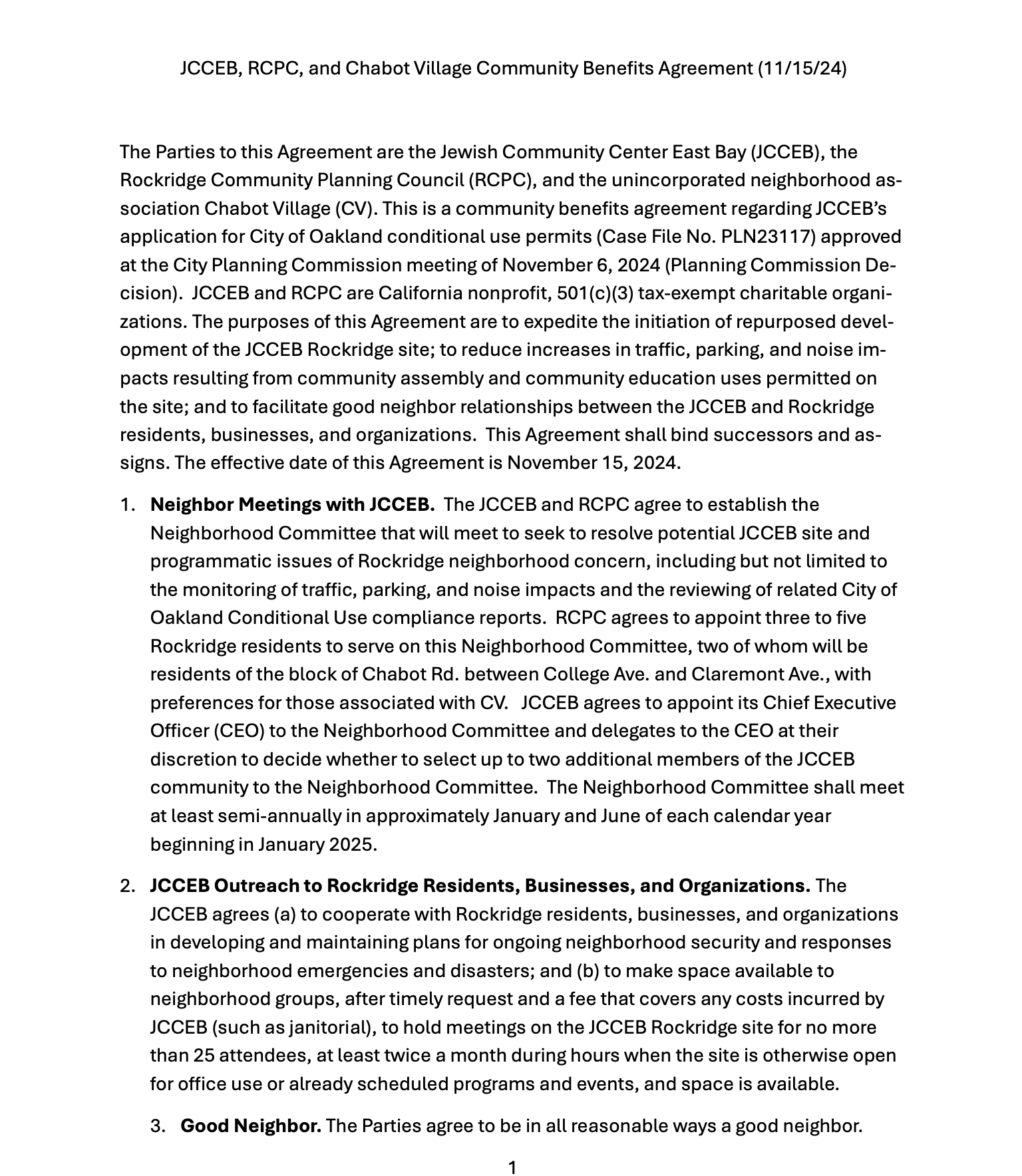 JCCEB, RCPC, and Chabot Village Community Benefits Agreement