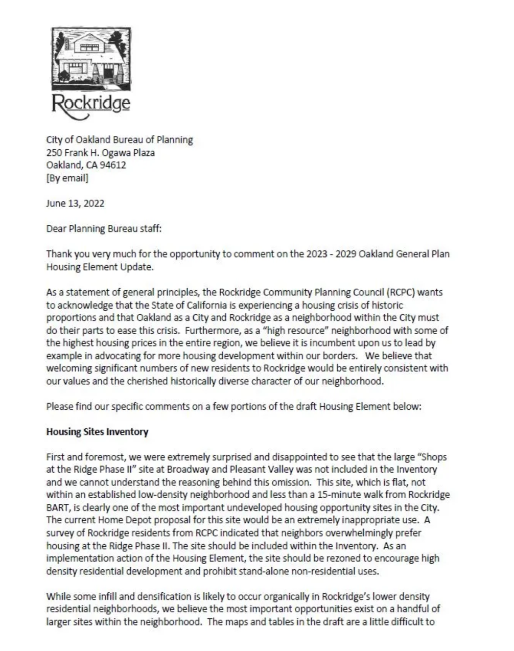 RCPC Board Comment Letter on Oakland’s Draft Housing Element