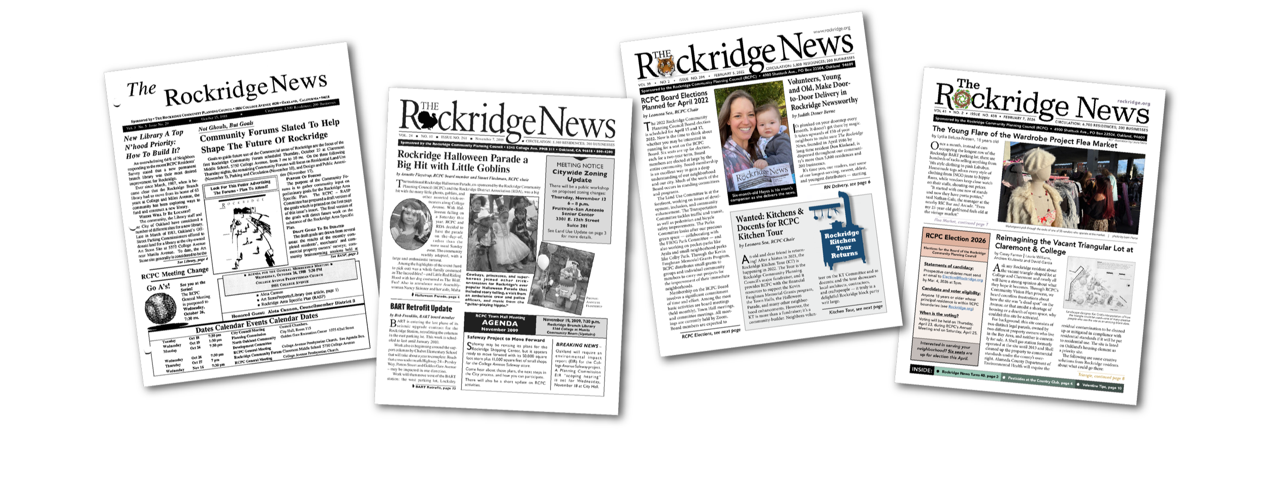Collection of five black-and-white and colored issues of The Rockridge News newspaper, featuring headlines about community events, elections, Halloween parade, flea market, and local projects.