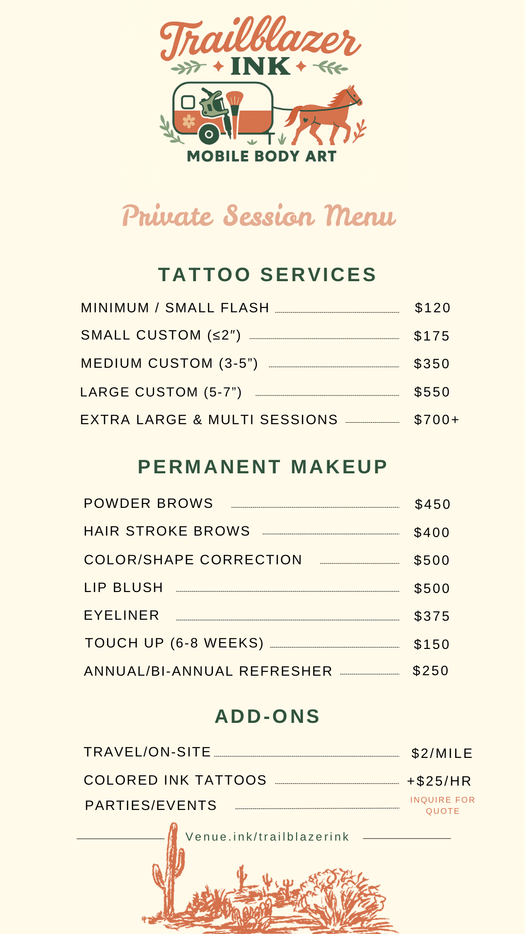 Menu for Trailblazer Ink Mobile Body Art featuring tattoo services and permanent makeup options, with prices, and add-ons like travel and colored ink tattoos. Includes illustrations of a paint roller, horse, and desert landscape at the bottom.