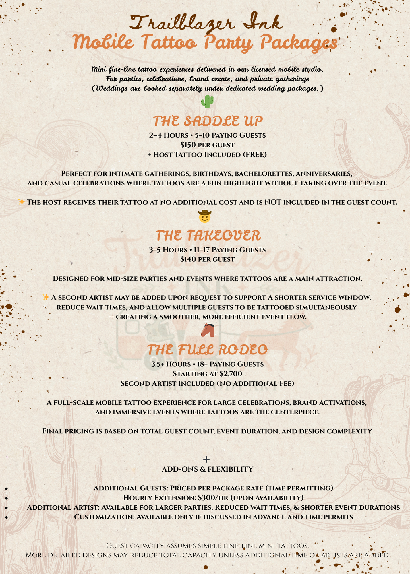 Menu for Trailblazer Ink Mobile Tattoo Party Packages, detailing three options: The Saddle Up, The Takeover, and The Full Rodeo, including pricing, duration, guest capacity, and features.