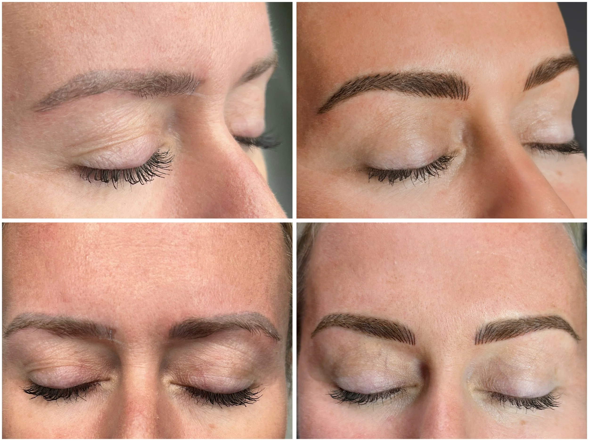Close-up of a woman's face showing her eyebrows before and after microblading, with the top right and bottom right images showing the final result with filled-in and shaped eyebrows.
