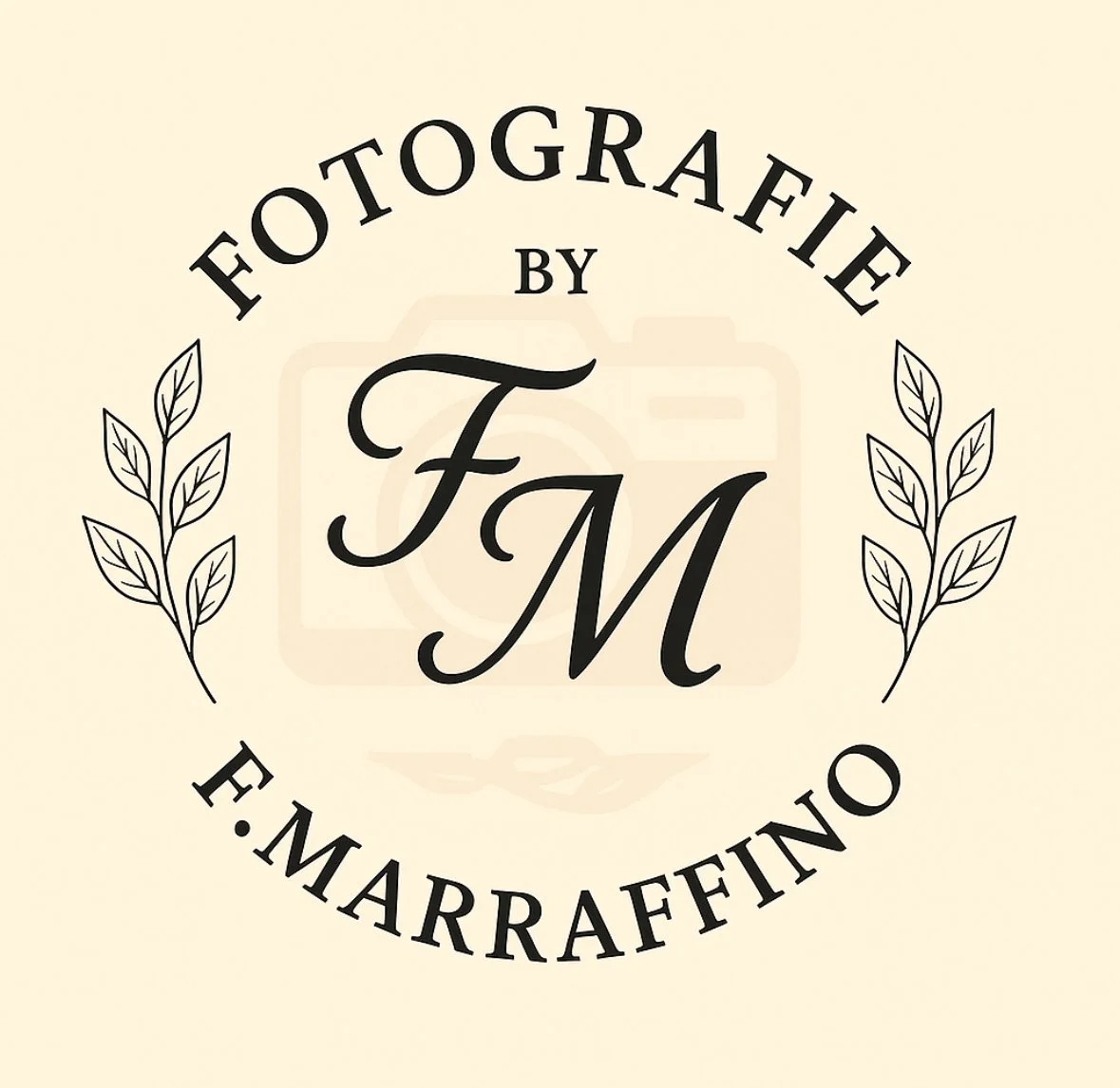 Logo für ein Fotostudio, mit den Buchstaben F und M in der Mitte, von Lilien umgeben, mit dem Text "Fotografie by F. Marraffa"