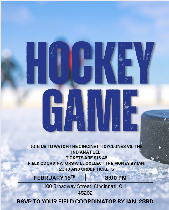 Poster for a hockey game between the Cincinnati Cyclones and Indiana Fuel, scheduled for February 15th at 3:00 PM in Cincinnati, Ohio, with ticket info and RSVP instructions.