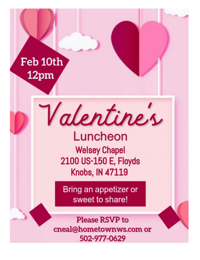 Pink Valentine's Day luncheon invitation featuring hanging paper hearts and clouds, event details including date, time, location, and RSVP contact information.