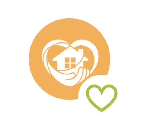 An icon of a house inside a heart with a swoosh around it, representing real estate or home care, and a separate green outlined heart symbol.