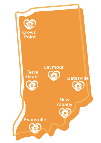 Map of Indiana showing cities Crown Point, Terre Haute, Evansville, Seymour, Batesville, and New Albany.
