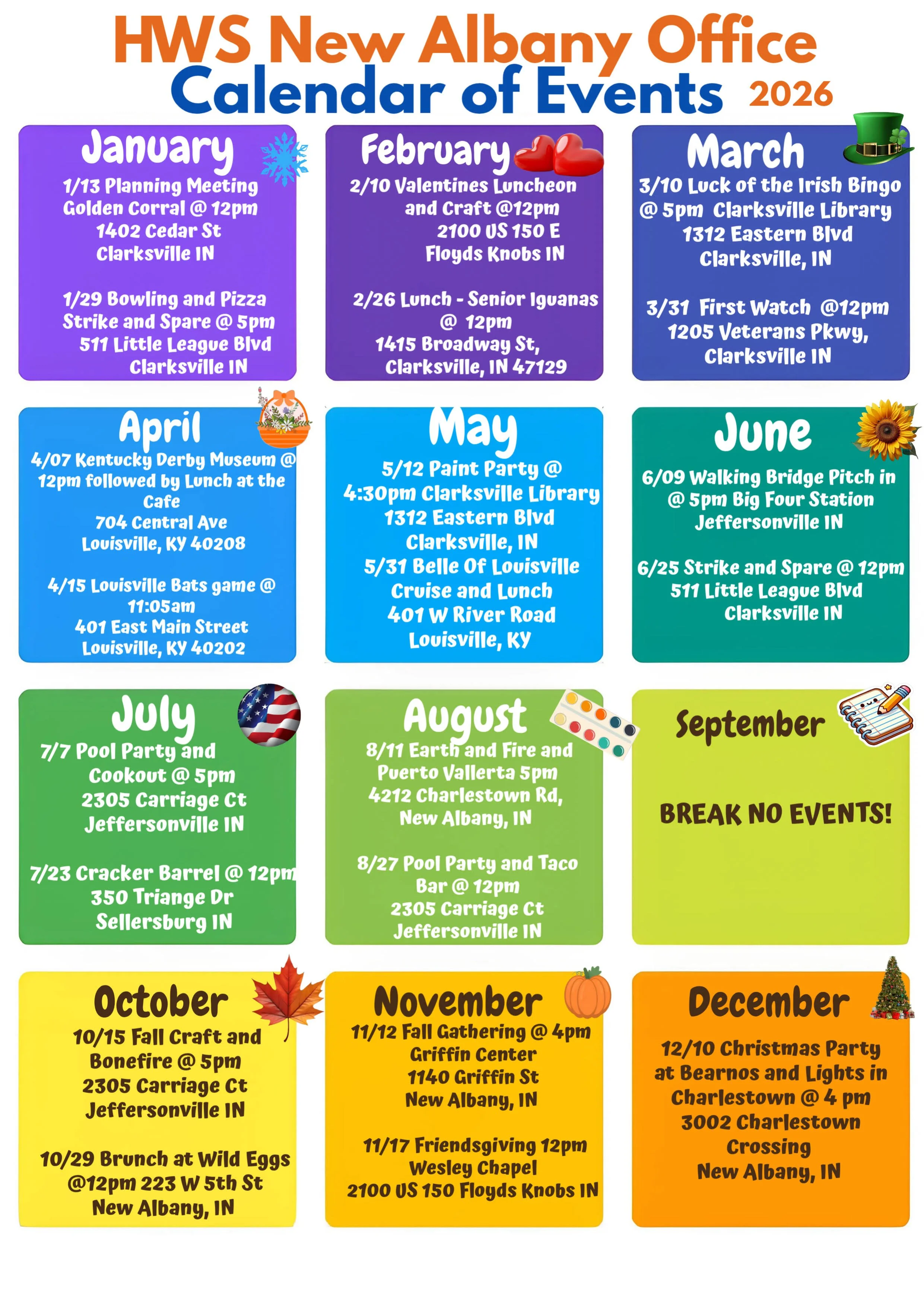 Colorful calendar of events for HWS New Albany Office 2026, organized by month with dates, event details, and icons for each month.