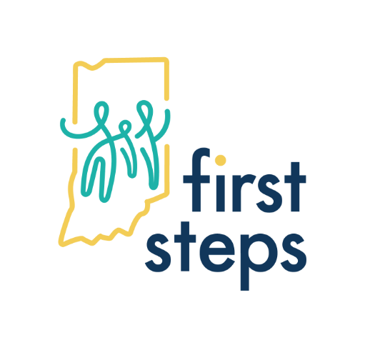 Outline of the state of Indiana with the words "First" in teal and "first steps" in dark blue, and a yellow line around the state's outline.
