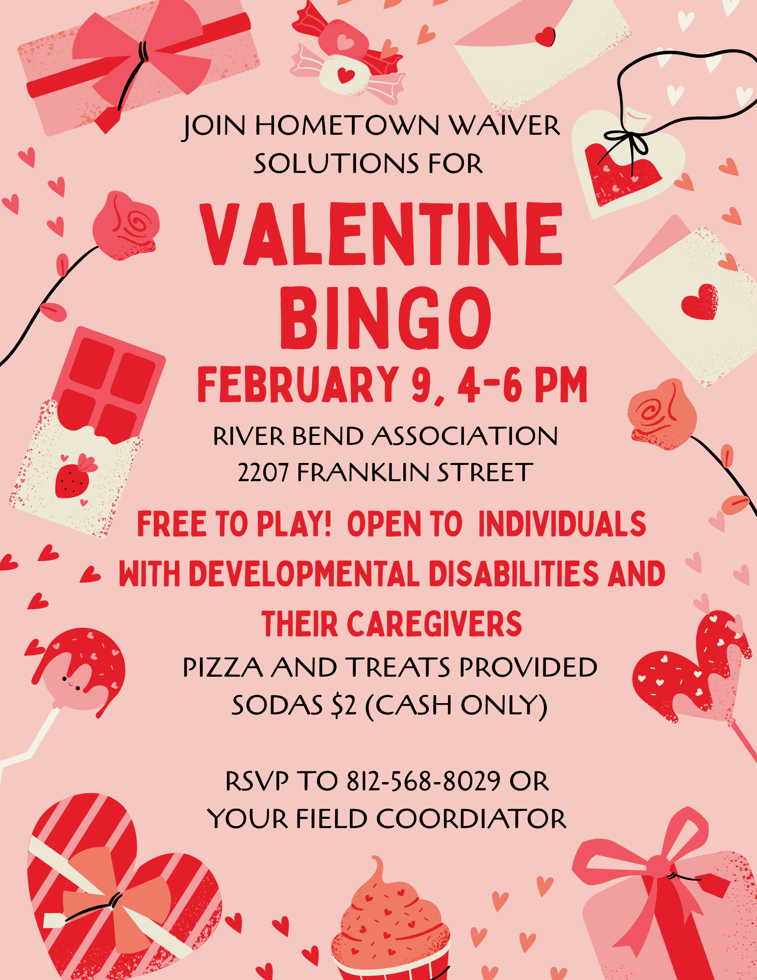 Valentine-themed flyer advertising a Valentine Bingo event with hearts, roses, chocolates, envelopes, and candy illustrations, event details, and RSVP information.
