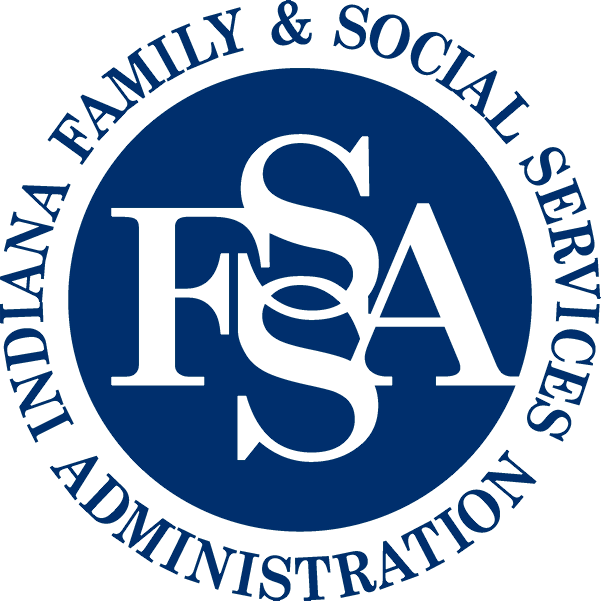 Logo for Indiana Family & Social Services Administration with a blue circular design and the initials FSSA in the center.