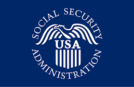 Seal of the Social Security Administration with an eagle, shield, and the words 'Social Security Administration' and 'USA' on a blue background.