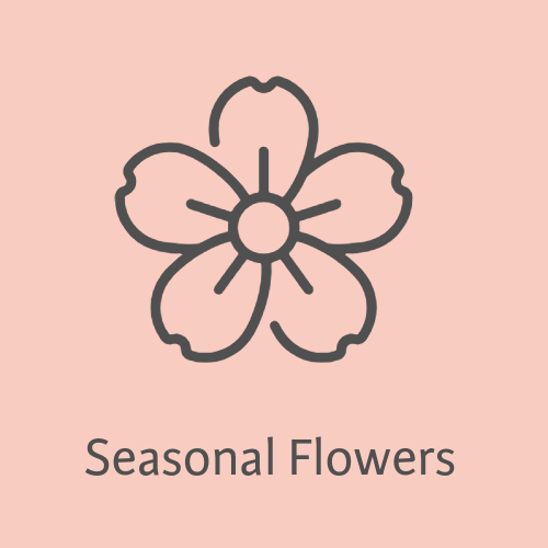 Icon of a flower with five petals and a circular center, with the text 'Seasonal Flowers' below, on a pink background.
