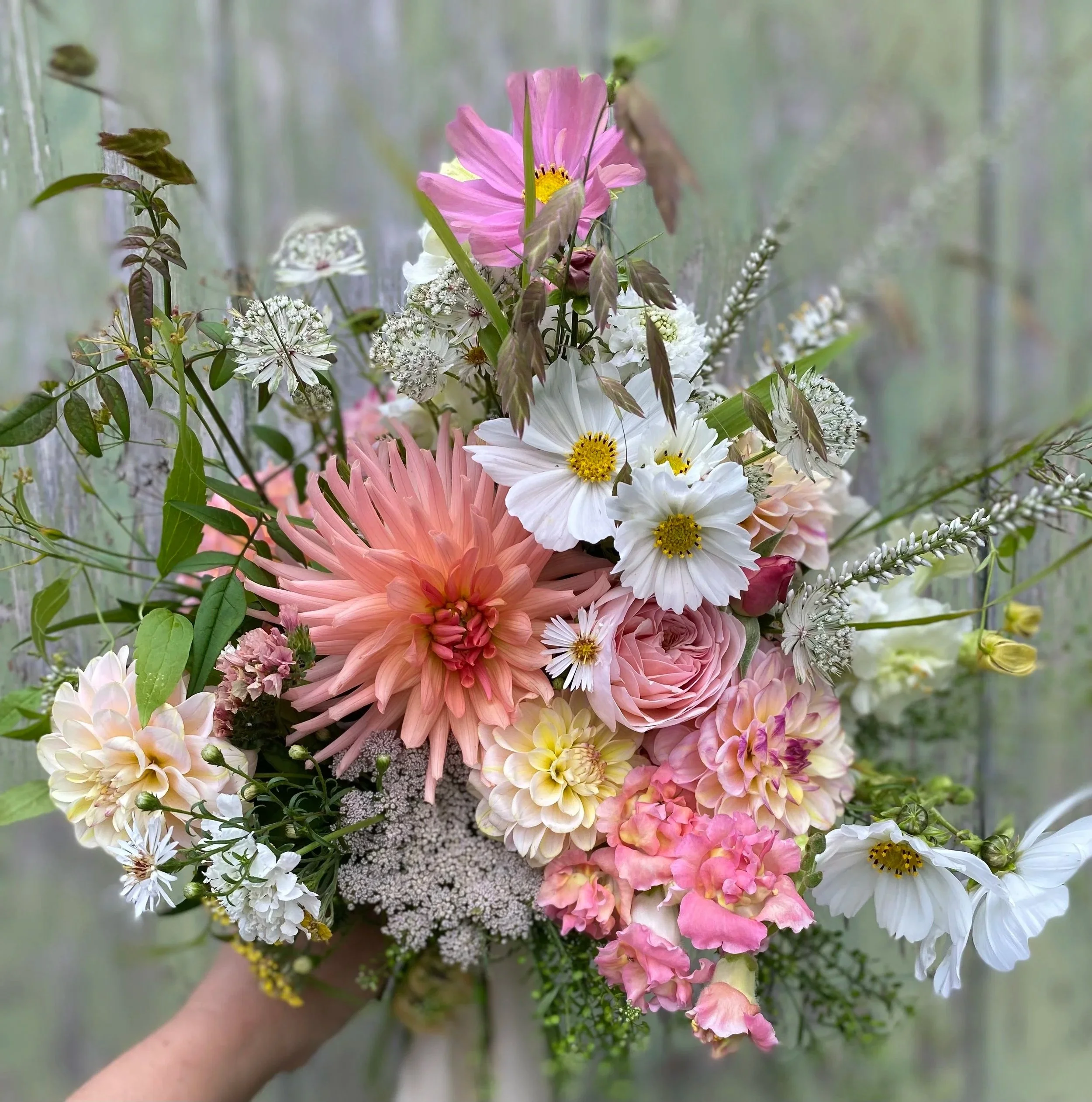 Colorful bouquet of pink, white, and yellow flowers with greenery, held by a person's hand against a blurred background.