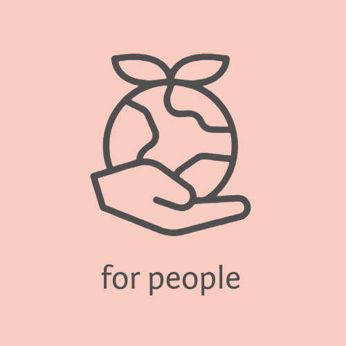 An illustration of a hand holding a globe with leaves on top, symbolizing environmental care, with the text 'for people' below.