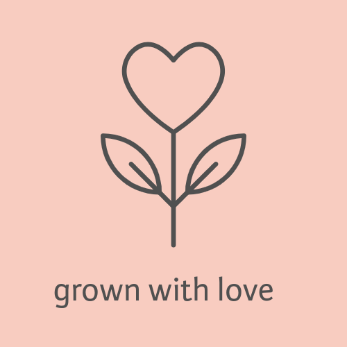 A simple line drawing of a plant with a heart-shaped top and two leaves, with the phrase "grown with love" underneath, on a pink background.