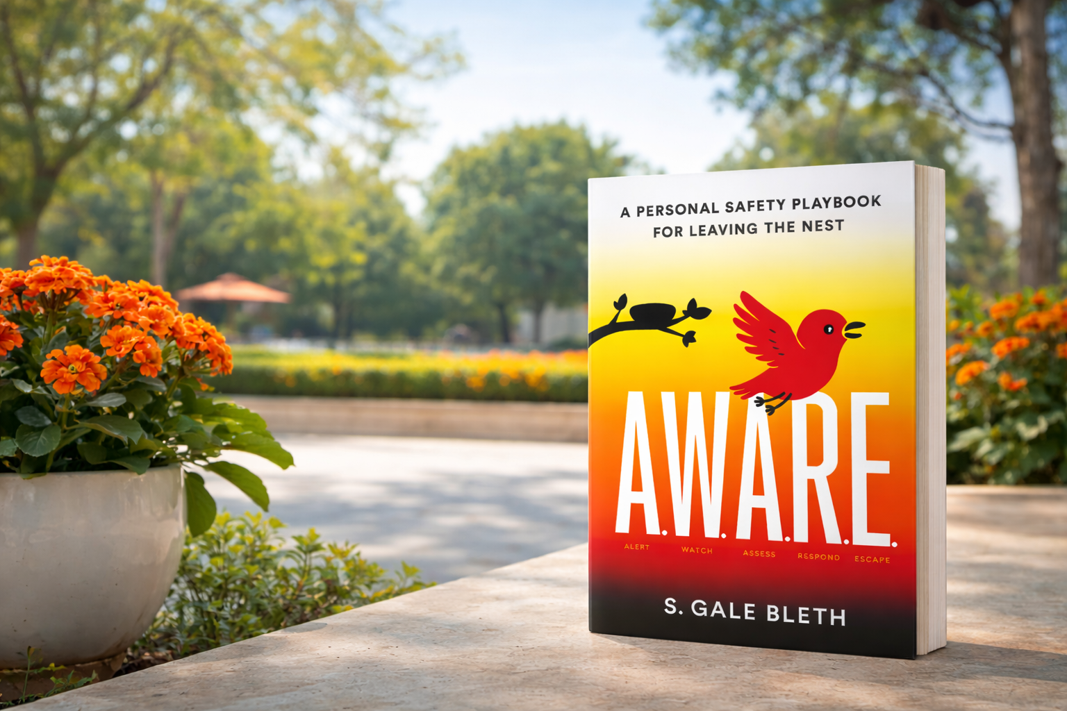 A book titled 'AWARE: A Personal Safety Playbook for Leaving the Nest' by S. Gale Bleth standing on a stone surface outdoors, with a background of trees and a park, and beside a flowerpot filled with orange flowers.