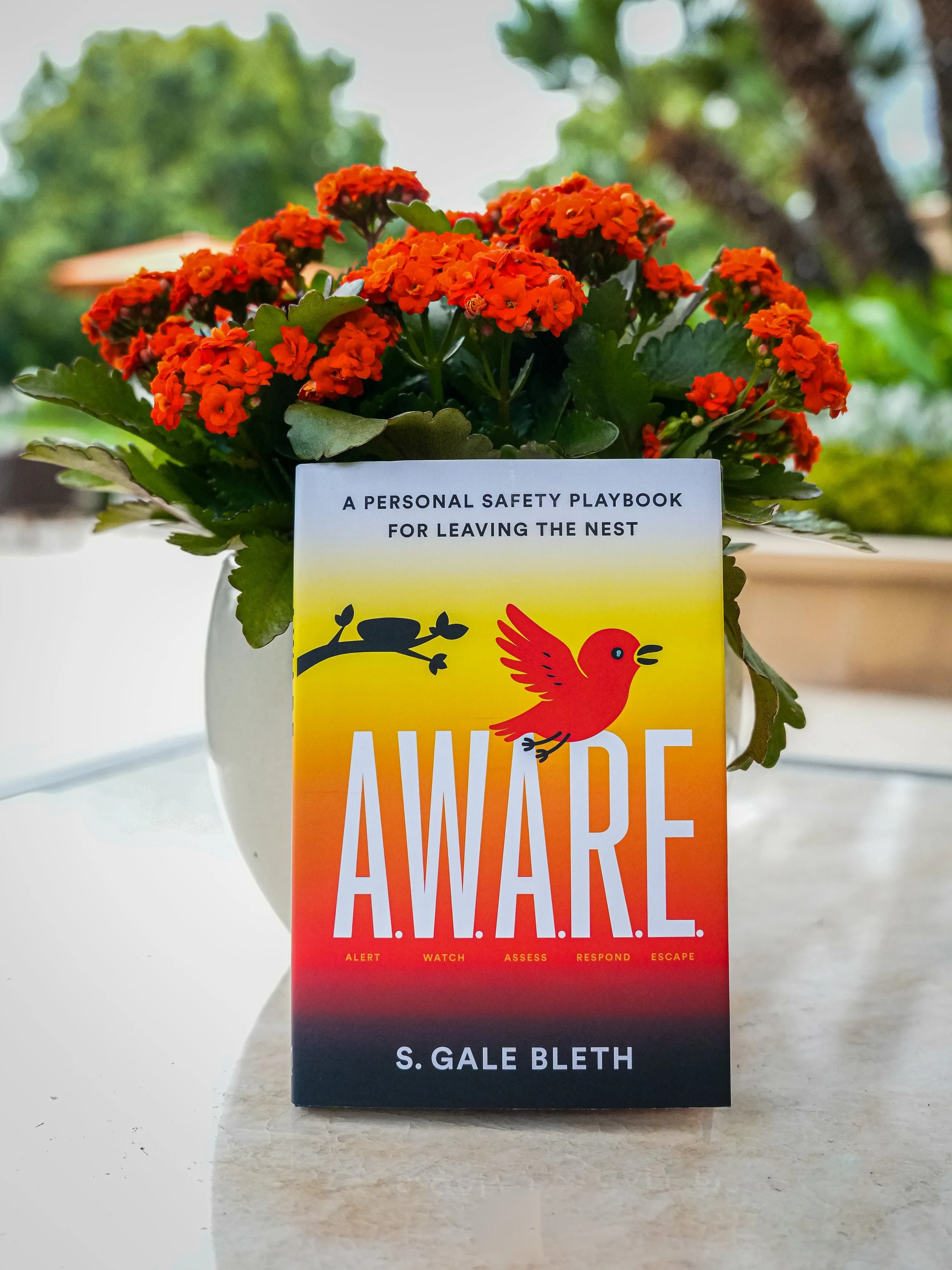 Book titled A.W.A.R.E by S. Gale Bleth leaning against a plant with red flowers in a white pot, outdoors with trees and sky in the background.