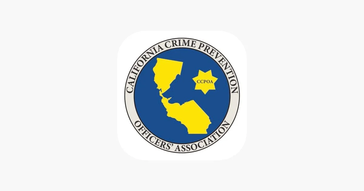Logo of the California Crime Prevention Officers' Association featuring a blue circle with yellow maps of California, a law enforcement star with 'CCPOA' text, and the organization's name around the edge.