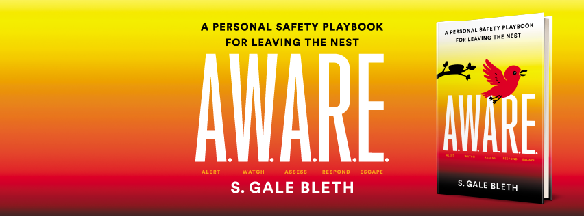 Book cover titled "AWARE" with a yellow to red gradient background, featuring a small illustration of a lizard and a red bird, authored by S. Gale Bleth.