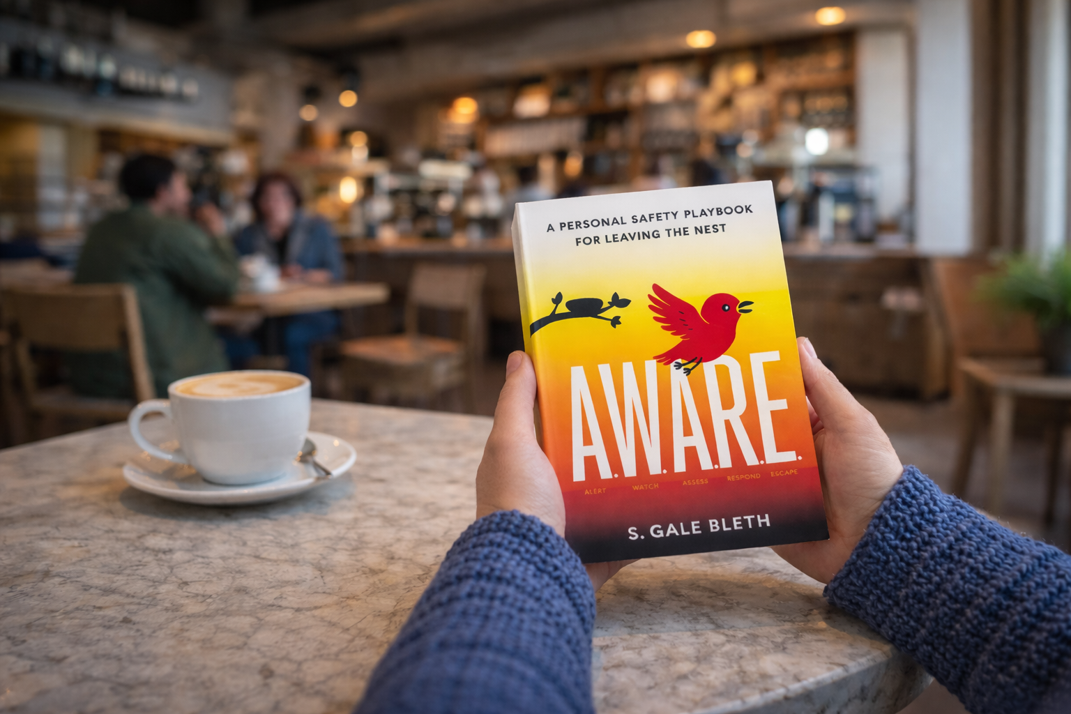 Person holding a book titled 'AWARE' in a cozy café with coffee on the table and people in the background.