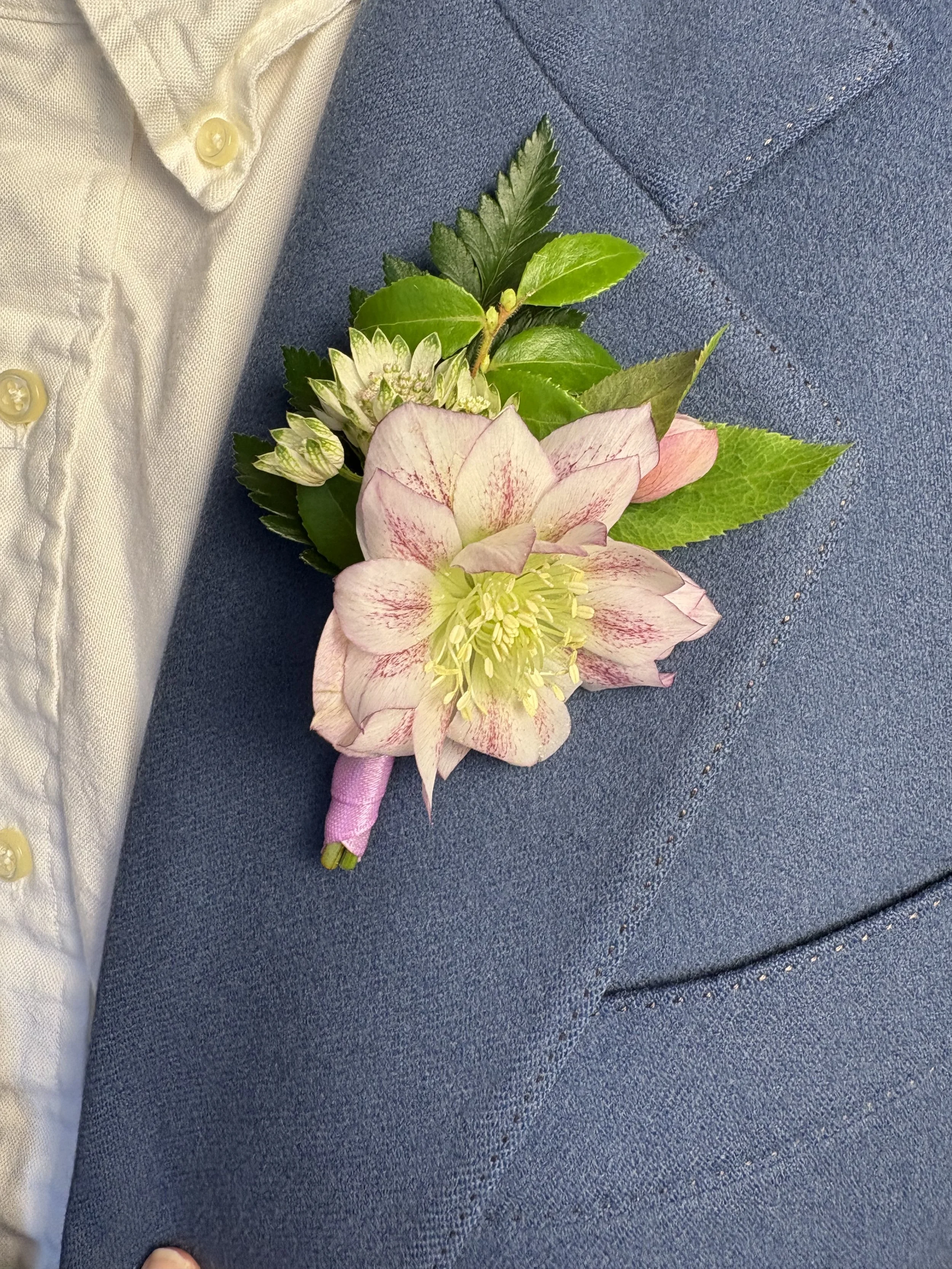 A boutonniere made of a large pink and white flower with greenery, pinned to a blue suit lapel.