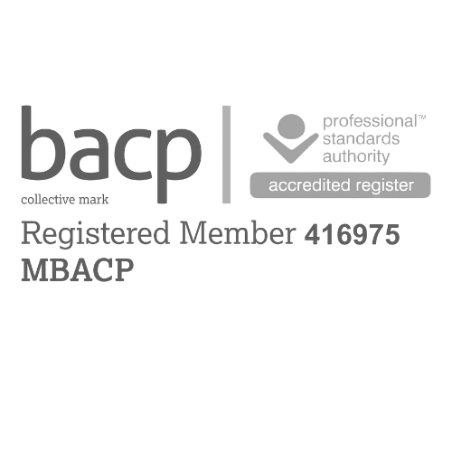 BACP accreditation badge with the text 'clinic mark,' 'professional standards authority,' 'accredited register,' and 'Registered Member 416975 MBACP'.
