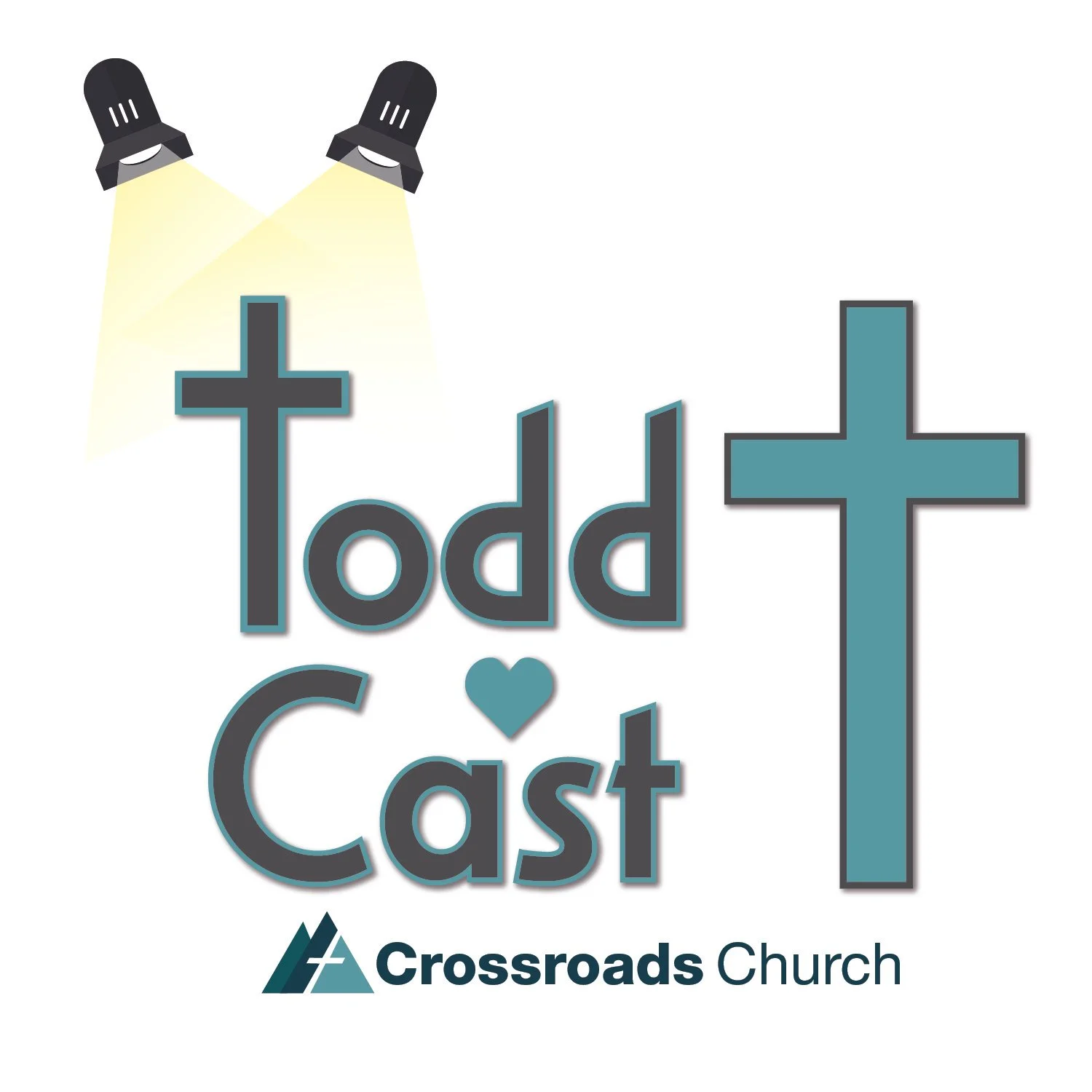 Graphic with two crosses illuminated by spotlights, the words "add" and "cast" with a heart shape in between, and the logo and name of Crossroads Church.