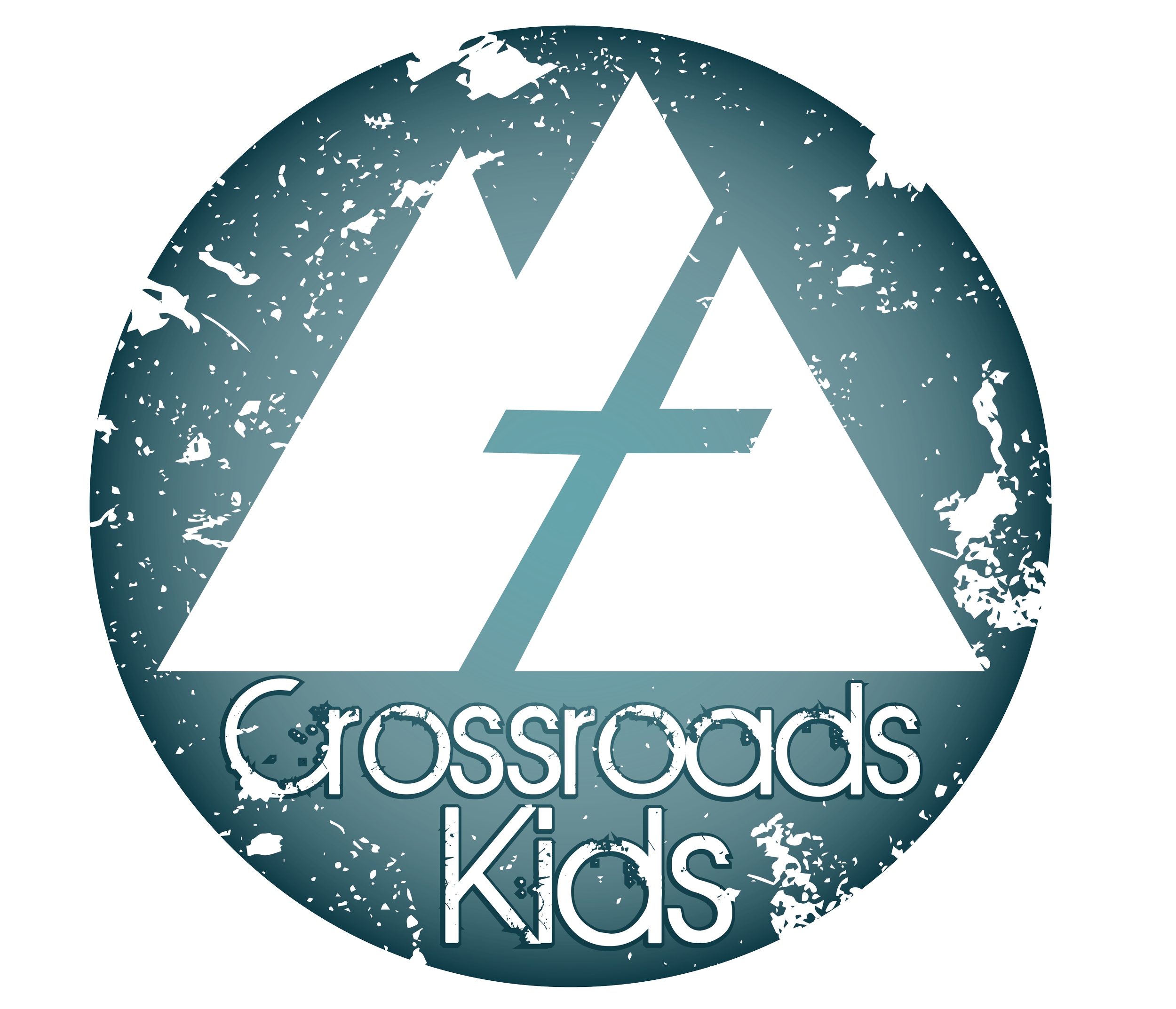 A distressed circular logo for Crossroads Kids featuring a stylized mountain and cross symbol, with the words 'Crossroads Kids' at the bottom.