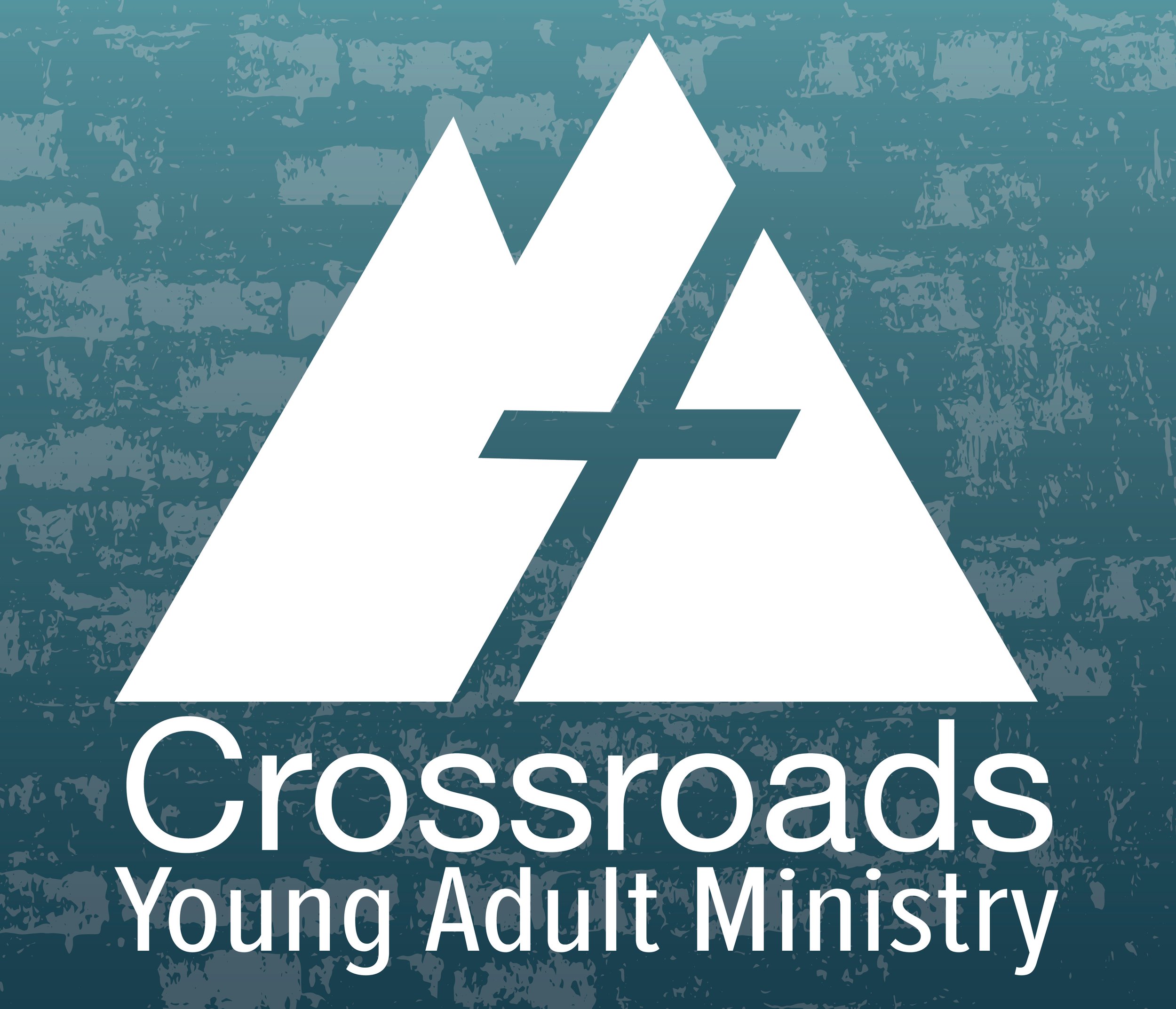 Logo for Crossroads Young Adult Ministry featuring stylized white mountain peaks and a cross, with the ministry's name written below.
