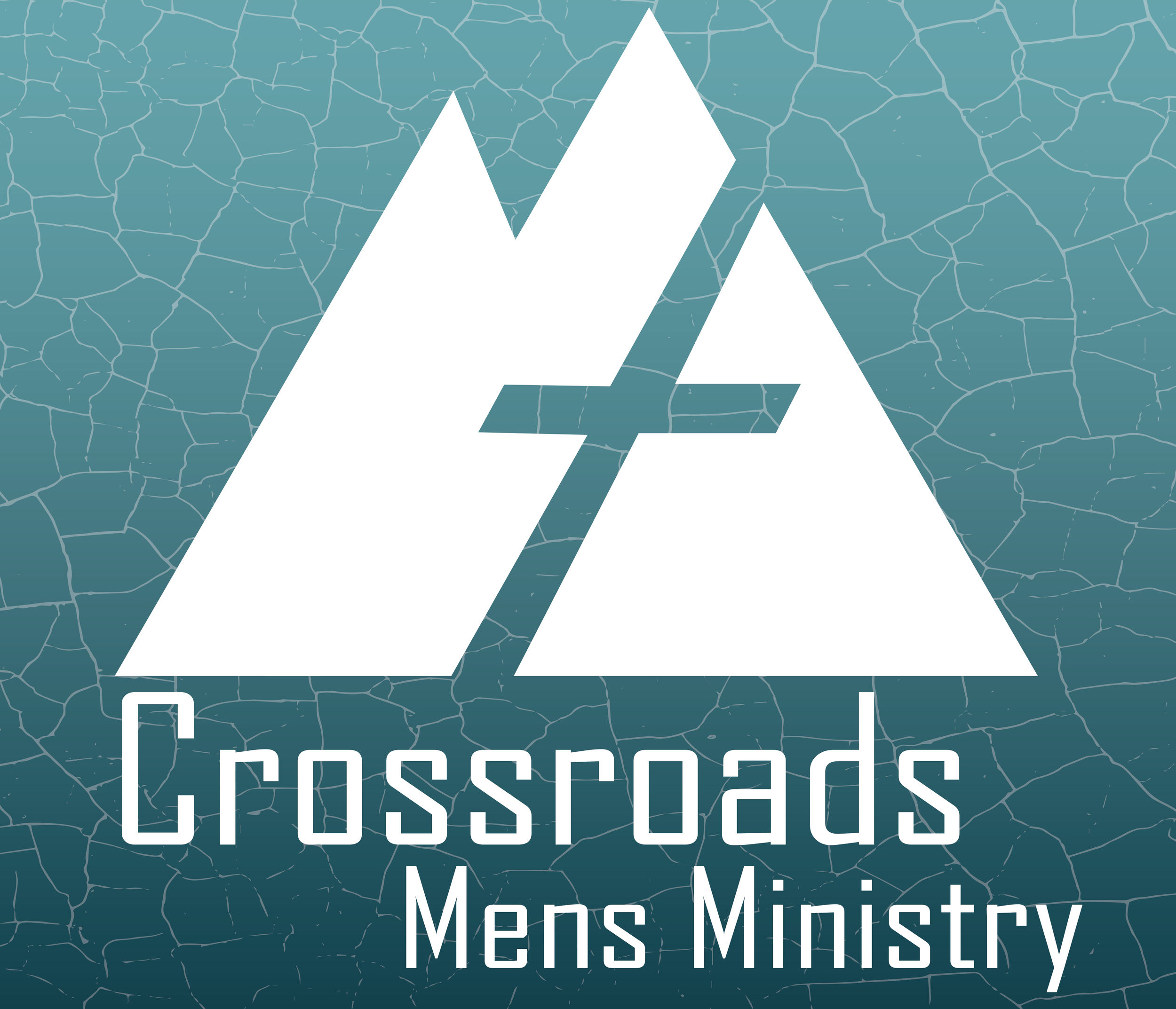 Logo of Crossroads Men's Ministry featuring stylized mountain peaks and a cross in the center on a textured teal background.
