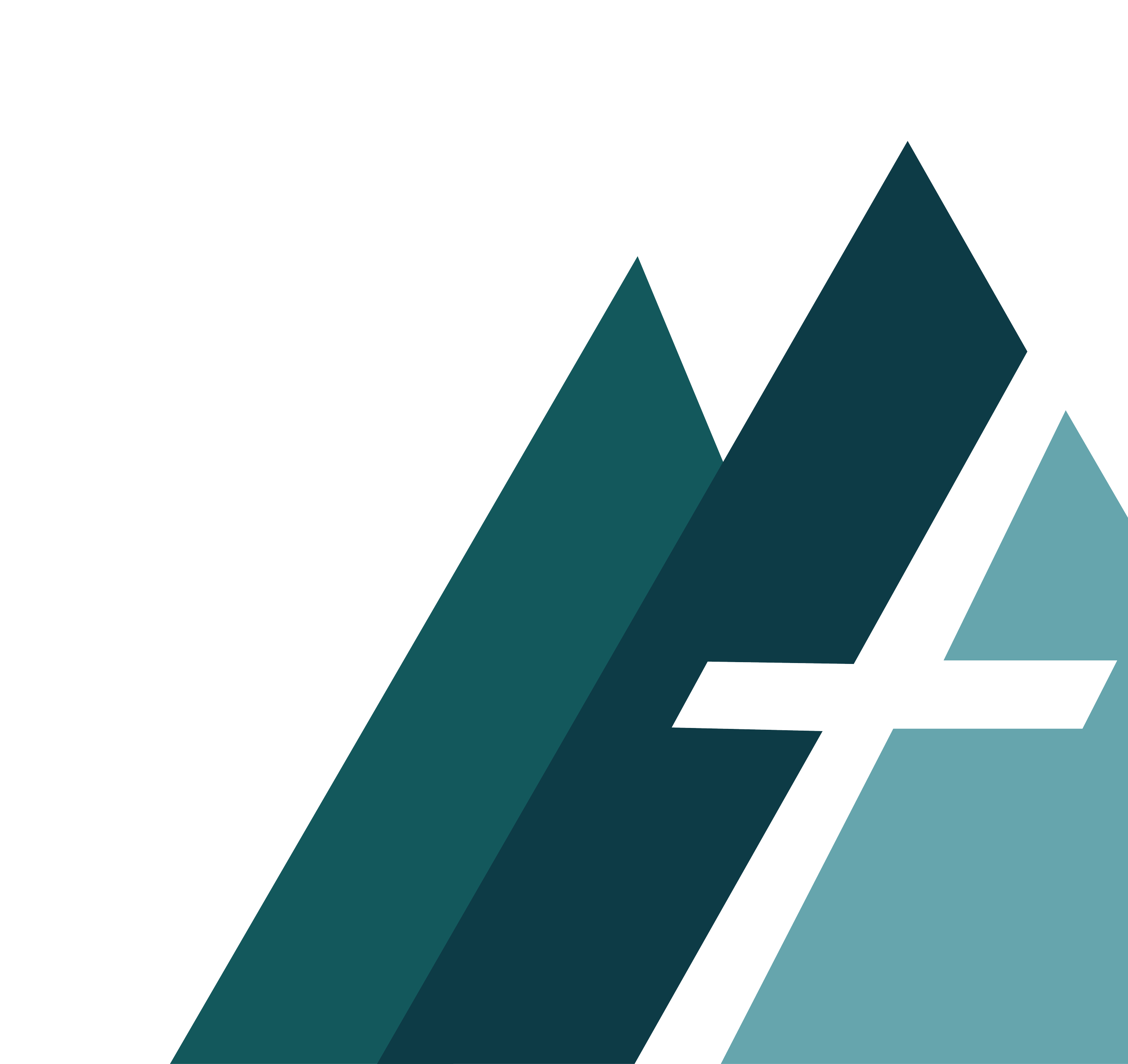 Stylized abstract logo with overlapping dark blue, teal, and light blue geometric shapes and a black horizontal line.