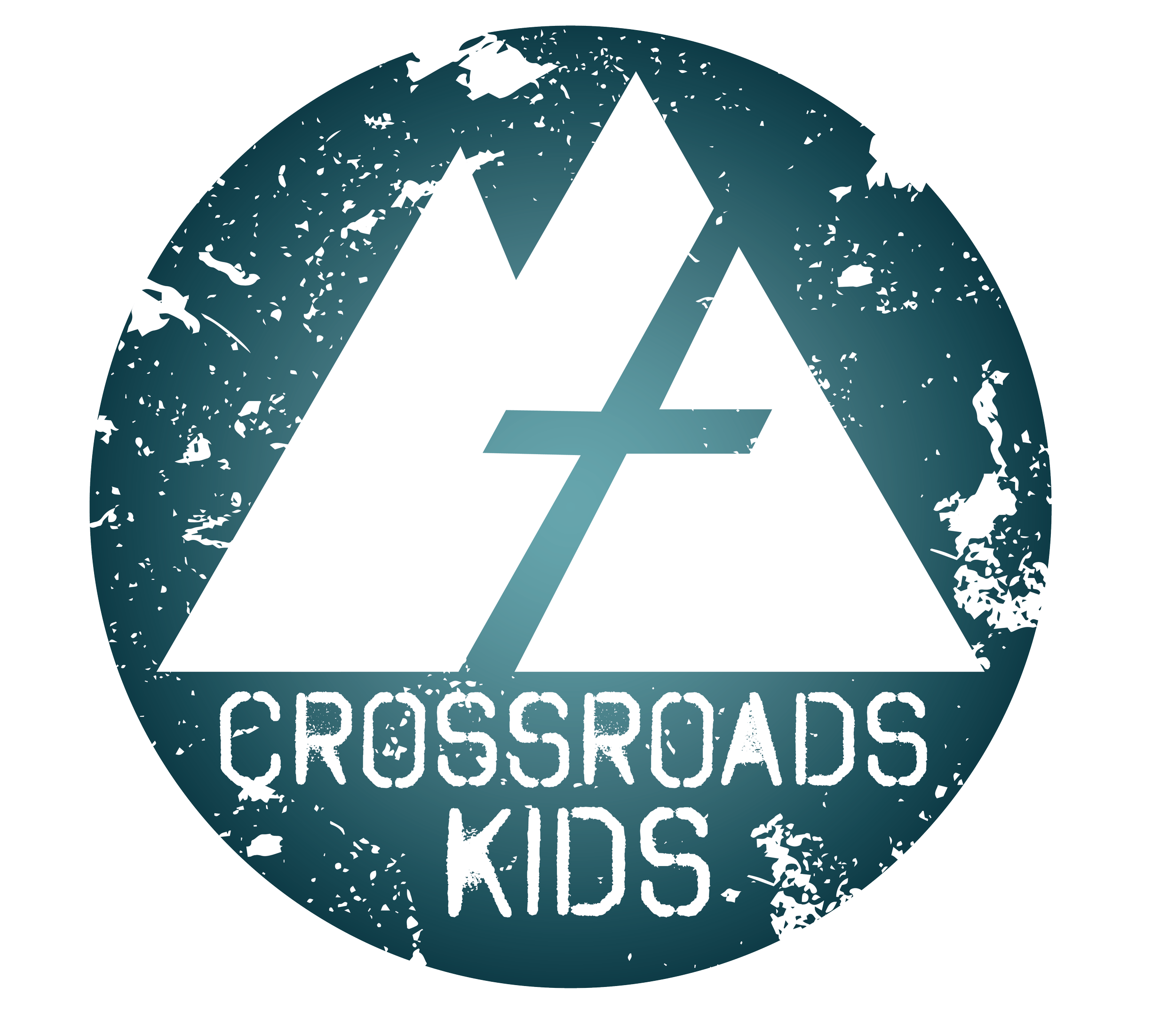 A distressed circular logo with a mountain and cross symbol inside, and the words 'CROSSROADS KIDS' written below.