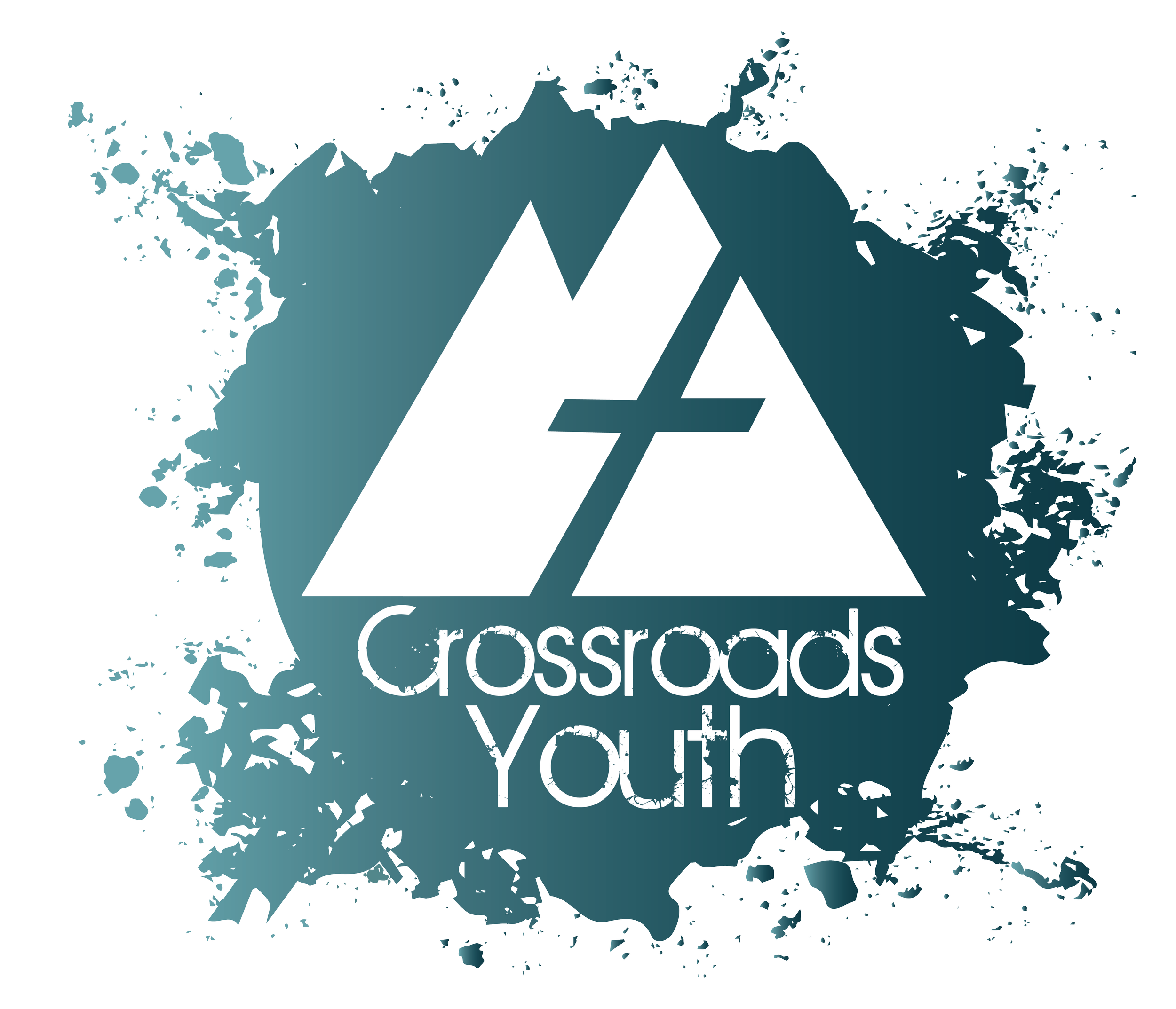 Logo with stylized mountain peaks, a cross, and the text 'Crossroads Youth' on a grunge background.
