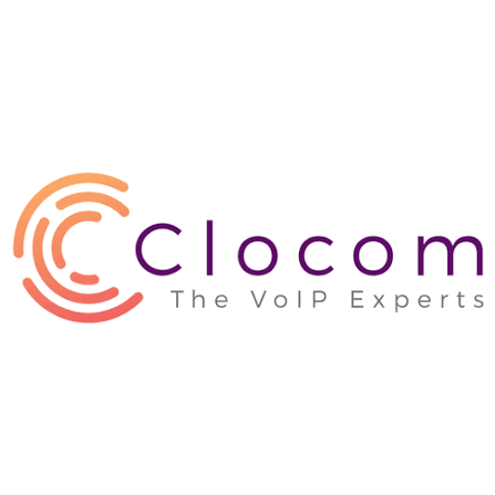 Clocom logo with the text 'Clocom The VoIP Experts' and a circular, wave-like design in orange and purple.