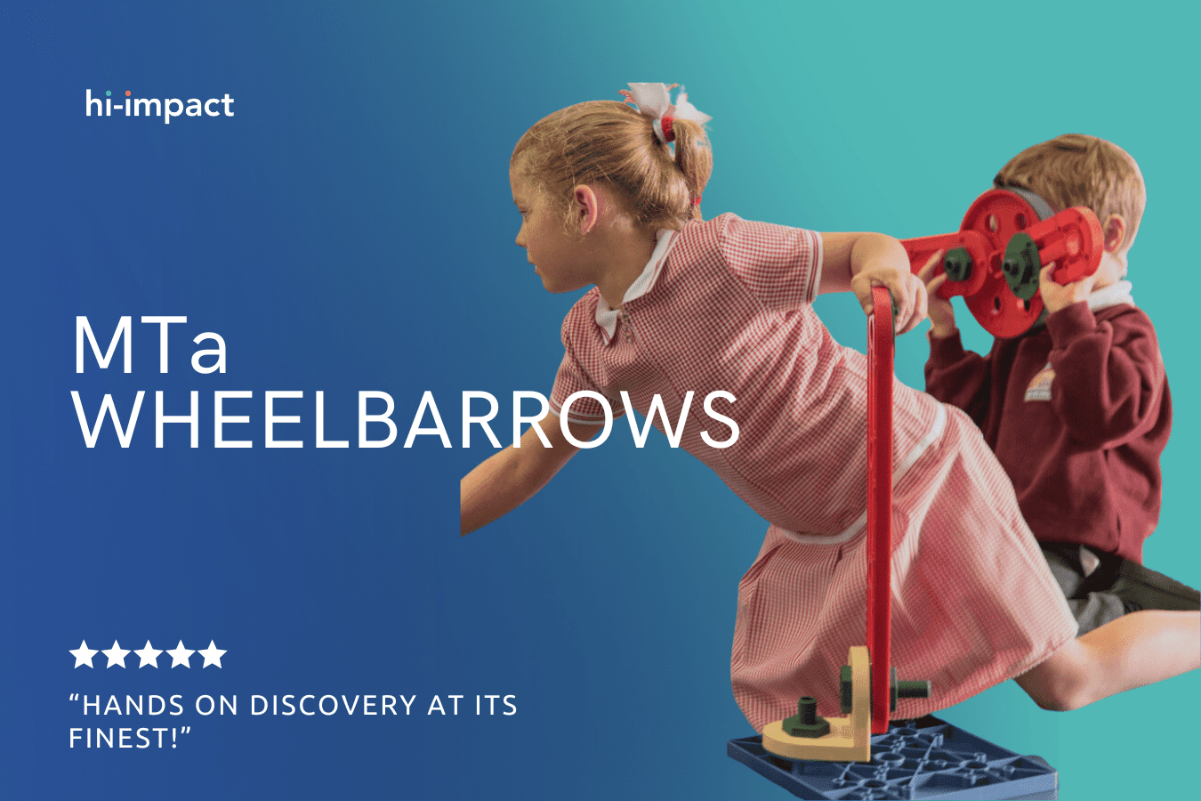 Two children playing with a STEM toy set called Wheelbarrows, with one girl in a pink checkered dress balancing on a platform and a boy in a red jacket holding a red and green toy wheelbarrow component. The background is a gradient blue and teal, with the text 'hi-impact', 'MTA a Wheelbarrows', a five-star rating, and the quote 'Hands on discovery at its finest!'.