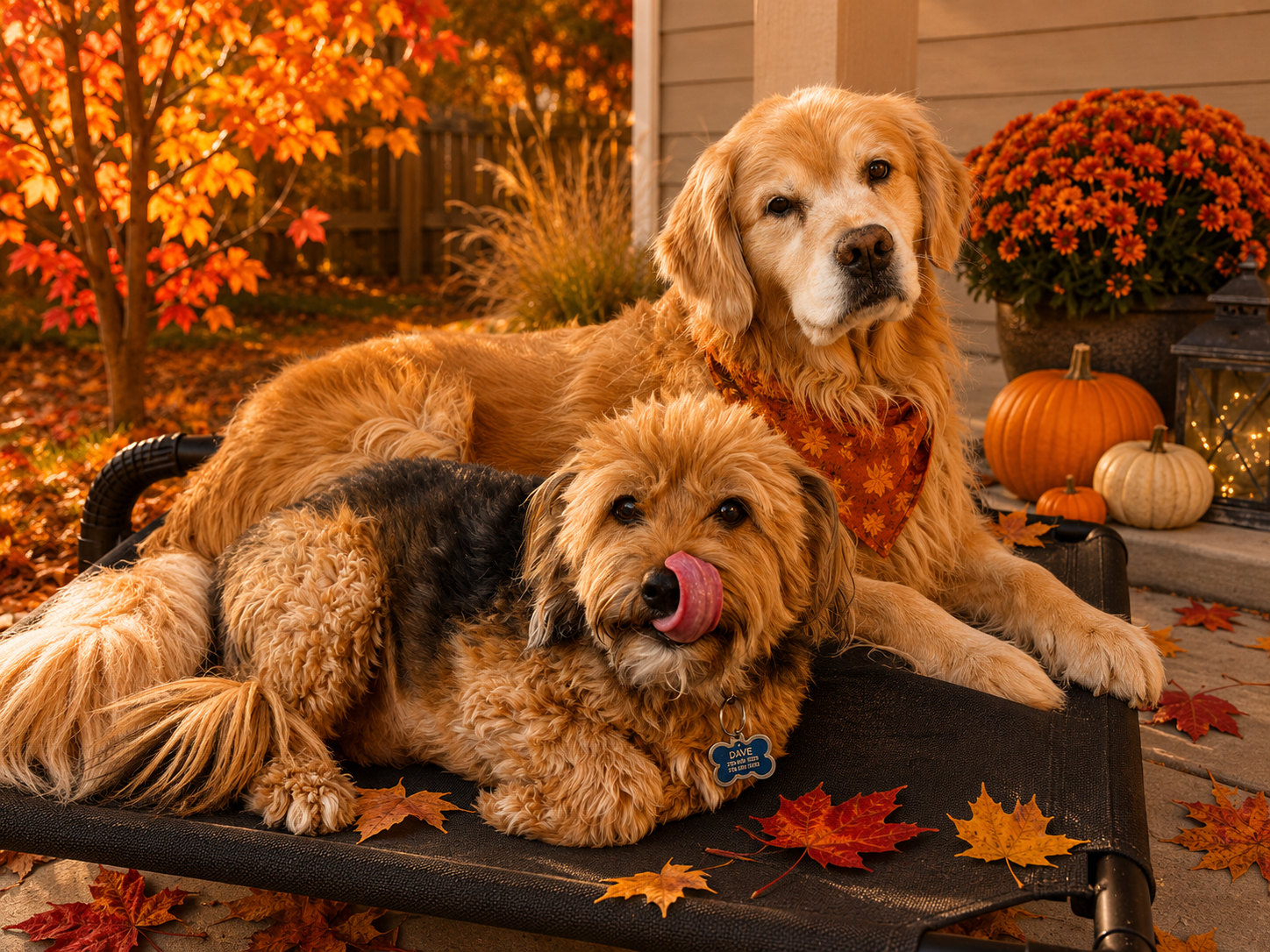 Well trained dogs enjoying outdoor play time in the fall among colorful autumn leaves in Erie, Colorado