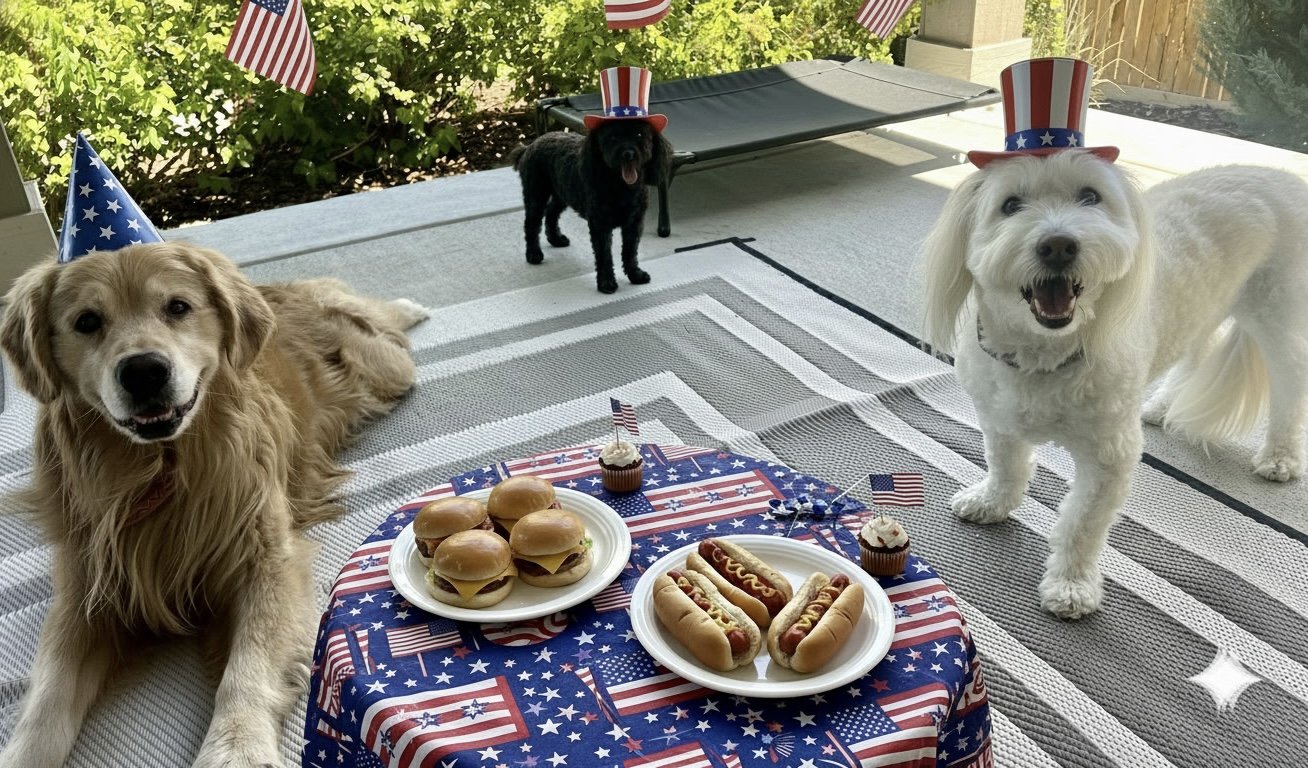 Dogs wearing patriotic Fourth of July hats during supervised dog boarding at Superior Pet Service in Erie, Colorado, with personalized holiday care and attention.