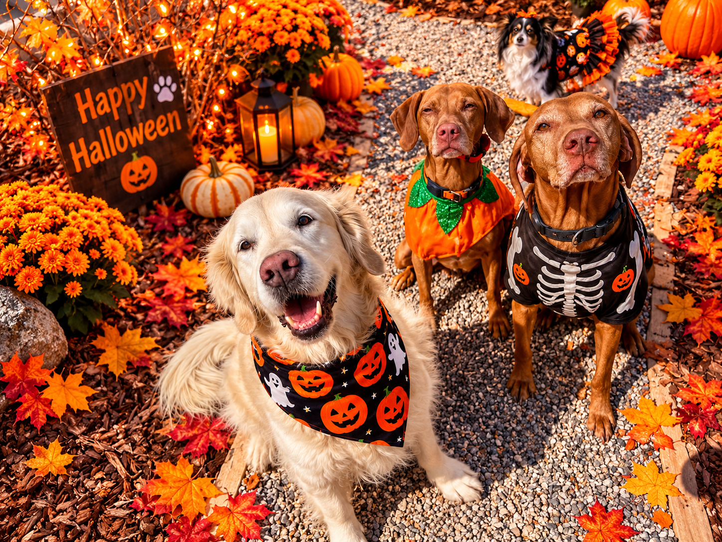 Three happy dogs posing among pumpkins and fall decorations at Superior Pet Service, providing professional dog care in Louisville, Colorado.