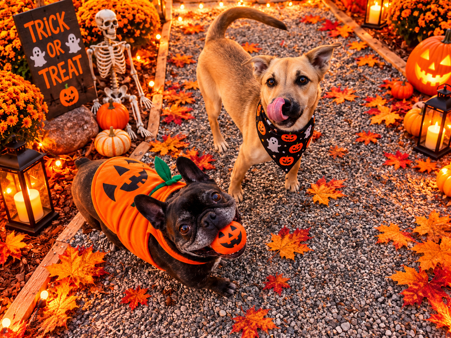 French Bulldog and tan dog enjoying Halloween-themed outdoor playtime at Superior Pet Service, offering doggie daycare near Lafayette, CO