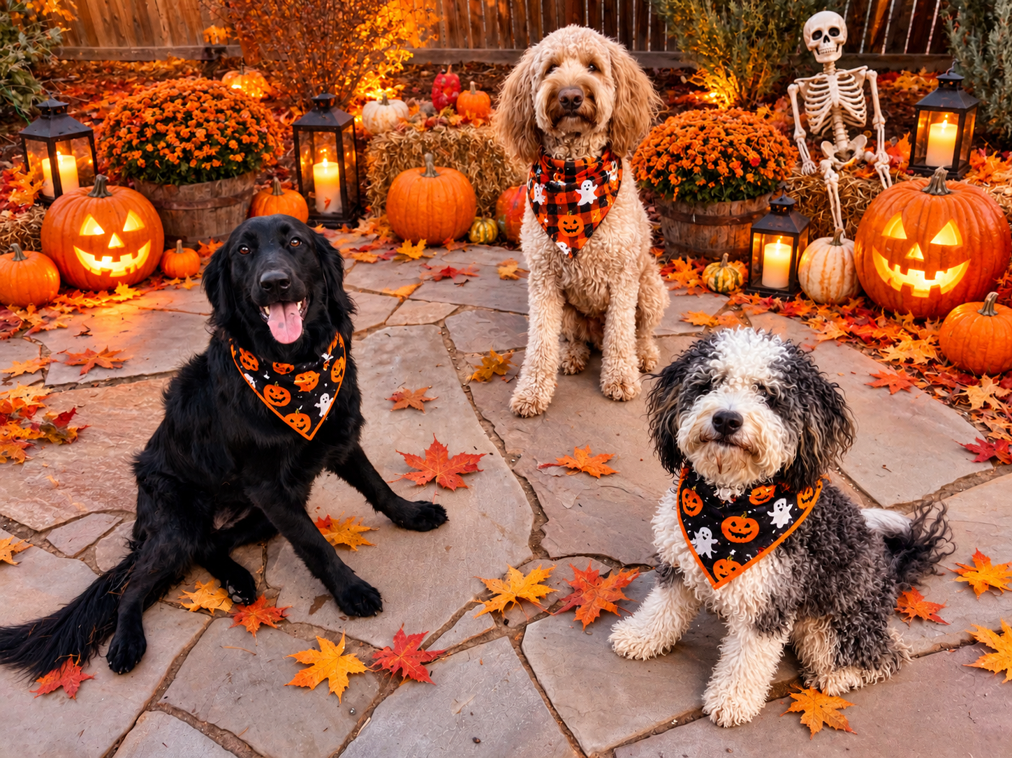 Three happy dogs posing among pumpkins and fall decorations at Superior Pet Service, providing professional dog care in Louisville, Colorado.