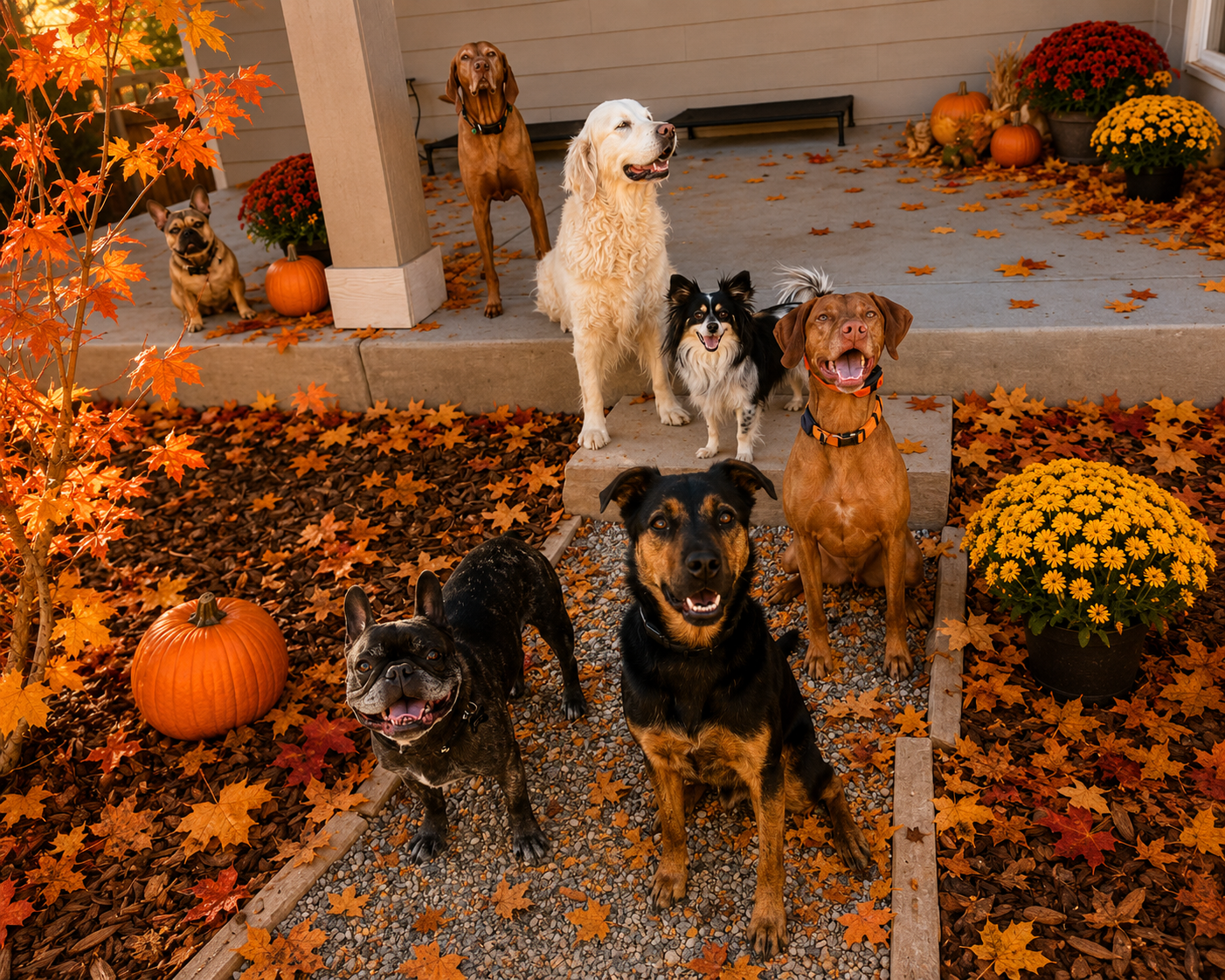 Happy dogs relaxing outside and socializing during homestyle dog boarding near Erie, Colorado
