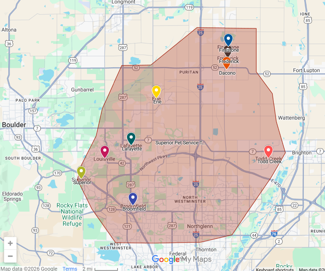 Dog walking, overnight sitting, boarding & grooming in Superior, Louisville, Lafayette, Broomfield, Westminster, Todd Creek, Thornton, Erie, Frederick, Firestone & Dacono.